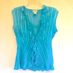 Kim Rogers Women M Teal Blue Set of Sheer Frilled Flounce Blouse Vest over Tank